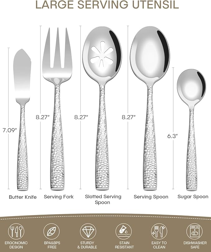 Stainless Steel Large Serving Utensil Set with Hammered Serving Spoon,Slotted, Fork,Butter Knife,Sugar Spoon Hostess Serving Utensil Set for Parties,Buffet,Dishwasher Safe