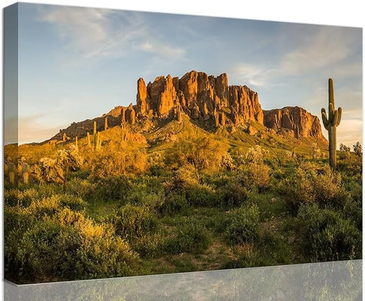 Sunset at Superstition Mountain Wall Art for Living Room Bedroom Bathroom Home Decorations USA AZ Cactus Picture Poster Canvas Prints Framed Ready to Hang(24''H x 36''W)