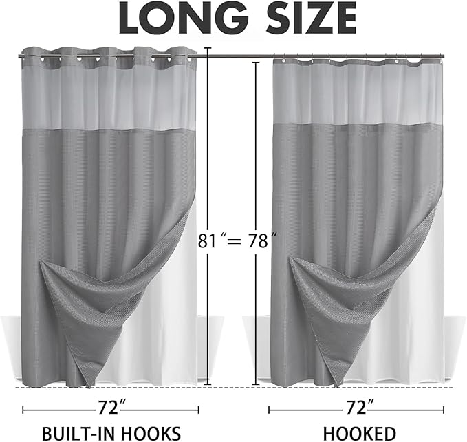 YellyHommy No Hook Shower Curtain with Snap in Liner Set Less Time Grey Waffle Shower Curtain for Bathroom 81" L x 72" W Gray