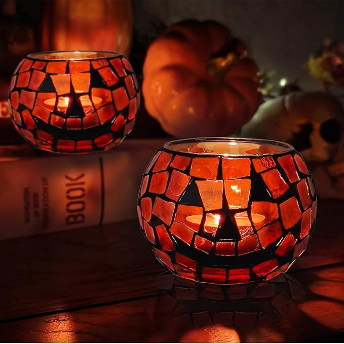 SHMILMH Halloween Candles Holder Set of 4, Grimace Tealight Holders, Handmade Mosaic Pumpkin Glass Votive Candle Holders for Halloween Table Centerpiece Home Decor