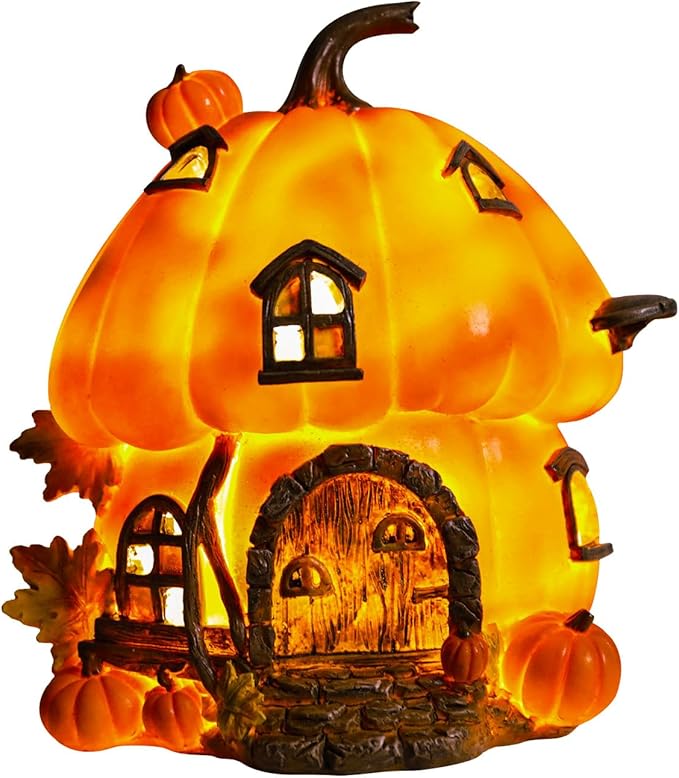 Yinns Fall Decorations for Home Porch, Pumpkin Fairy House Fall Decor, Autumn Harvest Decor with LED Light, Thanksgiving Gift