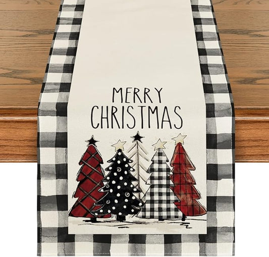 Artoid Mode Waterclor Buffalo Plaid Christmas Trees Merry Xmas Table Runner, Seasonal Winter Holiday Kitchen Dining Table Decoration for Indoor Outdoor Home Party Decor 13 x 60 Inch