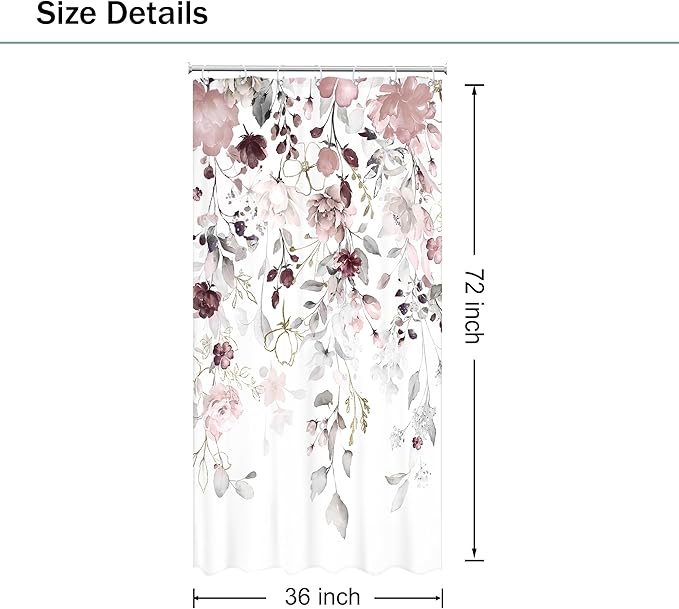 Small Stall Floral Flower Shower Curtain 36Wx72L Inch RV Narrow Grey Pink Floral Eucalyptus Leaves Watercolor Wildflower Plant Bathroom Set Rustic Bath Curtain Bathtub Accessories Home Decor