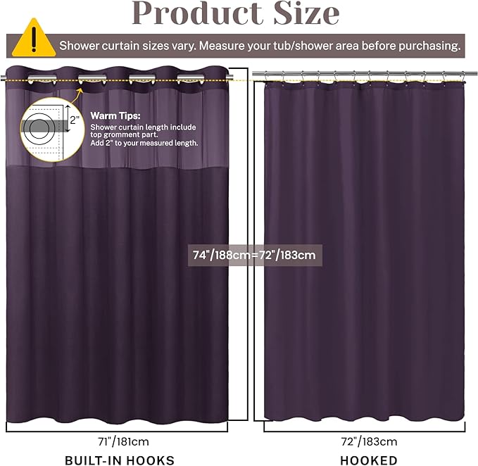 No Hook Slub Textured Shower Curtain with Snap in Liner - Purple Fabric Outer Curtain & Waterproof Inner Liner, Hotel Style with See Through Top Window, 71x74 in