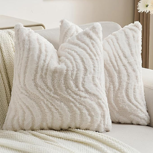 FUTEI White Decorative Throw Pillow Covers 26x26 Inch Set of 2,Soft Faux Fur Geometric Shapes Texture Euro Pillow Shams,Boho Home Decor for Couch Bed Living Room