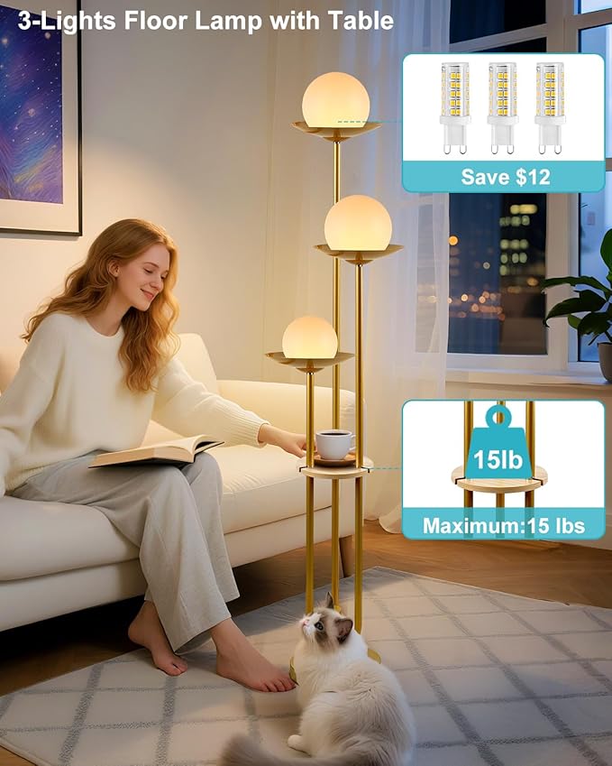 Lightdot 63IN Globe Floor Lamp with Shelf 3-Lights Modern Dimmable Floor Lamps with 3000K Soft Warm White Bulbs for Wedding/Party, Gold Tall Standing Lamp for Living Room/Bedroom