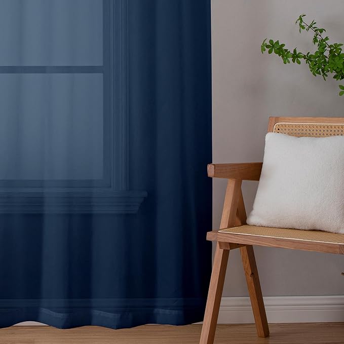 Aiyufeng Long Navy Blue Sheer Curtains 96 inches Long for Living Room, Privacy Sheer Curtains Window Treatment Translucent Sheer Drapes for Farmhouse/Cottage, 40" Wide (2 Panels)