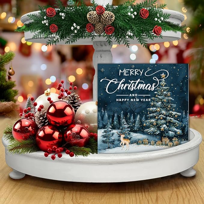 Christmas Signs, Merry Christmas Wooden Sign Deer Decor, Happy New Year Wooden Block Sign, Christmas Home Decor for Table Shelf 5 x 5 Inch
