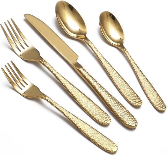 Gold Hammered Silverware Set, 40 Piece Stainless Steel Heavy Duty Flatware Set for 8, Food-Grade Tableware Cutlery Set for Home Restaurant, Mirror Polished, Dishwasher Safe