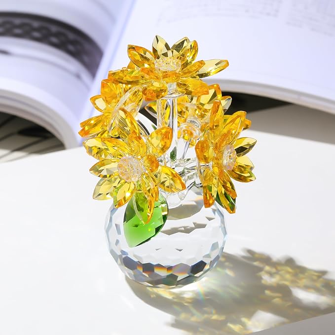 Enjinkail Handmade Crystal Daisy Figurine - Yellow Glass Flowers Gifts for Women, Elegant Home Decor & Table Centerpiece