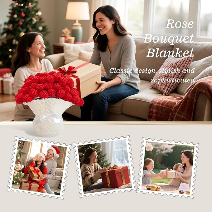 Flower Bouquet Blanket Gifts for Mom Grandma Wife Girlfriend,Completed Crochet Flower Blanket,Soft Knitted Throw Blankets,Gifts for Her Christmas Birthday Anniversary (Red Roses)