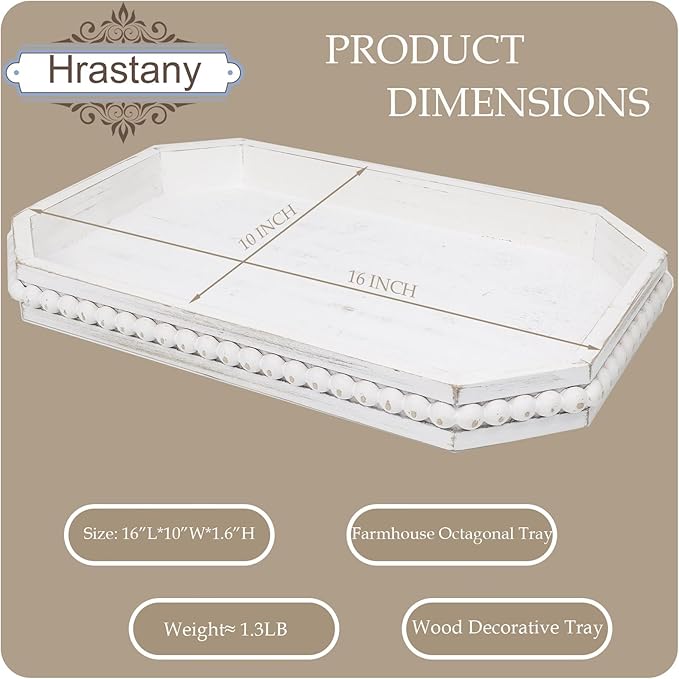 Whitewashed Wood Serving Tray with Beads, Farmhouse Decorative Tray for Table Centerpiece, Christmas Wedding Halloween Home Decor