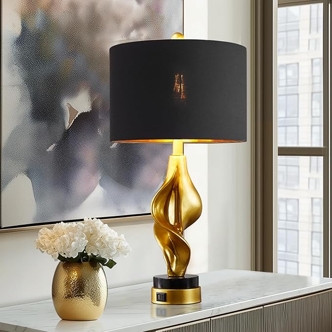 25.5'' Set of 2 Modern Table Lamps for Living Room Bedroom, Gold Leaf Sculptural Bedside Lamps with Marble Base and USB C+A Ports for Office End Tables Nightstand, 2 Bulbs Included