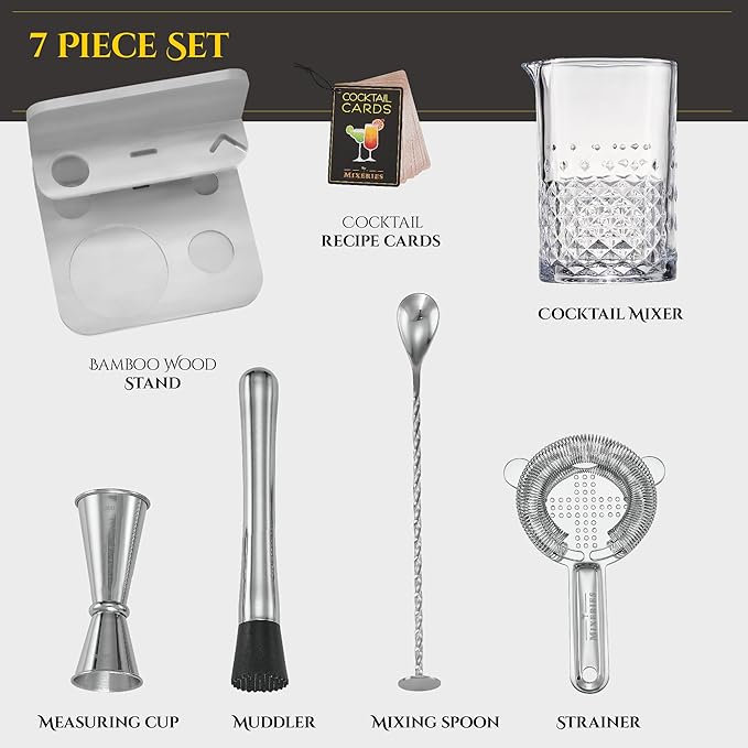Crystal Cocktail Mixing Glass Set with Bamboo Stand - 22 Oz 650ml - Thick and Sturdy Bottom, Durable and Seamless Design with Bar Accessories