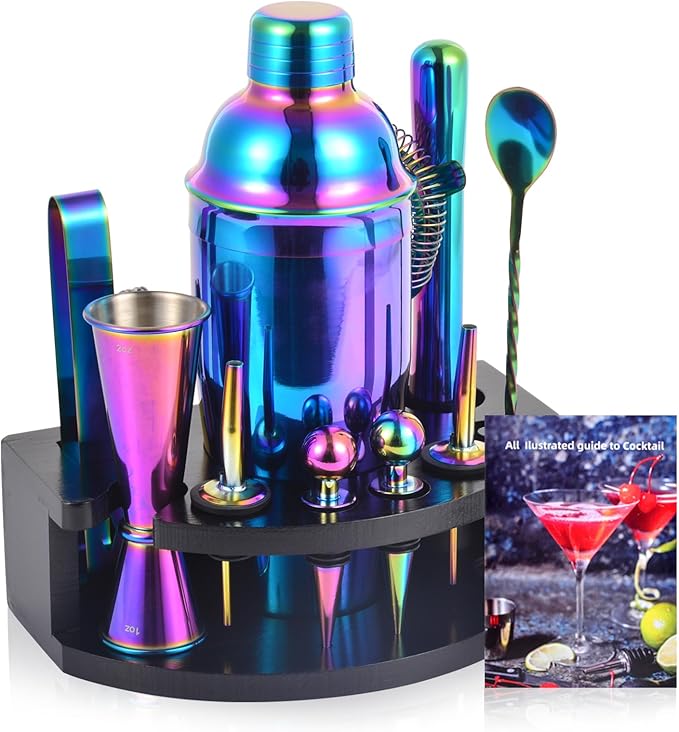 Bartender Kit with Stand, 12-Piece Bar Set | 24oz Cocktail Shaker Set for Drink Mixing, Martini Shaker Set with Bar Tools, Recipes Booklet | Fun Housewarming Gift (Rainbow)