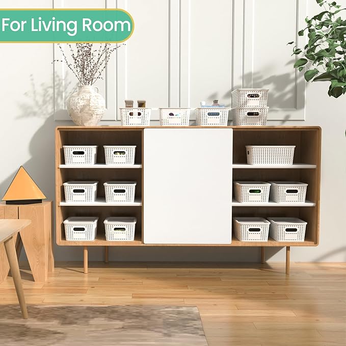 Plastic Storage Baskets with Lid - Plastic Storage Containers Stackable Storage bins: Storage Baskets for Organizing Shelves Drawers Desktop Closet Playroom Classroom Office, 8 Pack-White