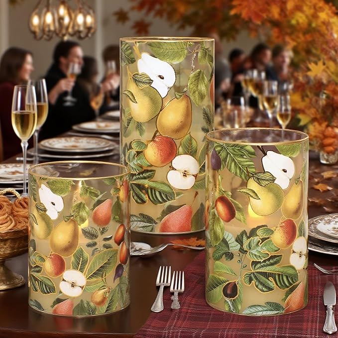 Autumn Flameless Candles with Remote Timer Apple Pear Glass Flickering Battery Operated LED Candles for Home Room Party Wedding Holiday Fall Decor - Set of 3