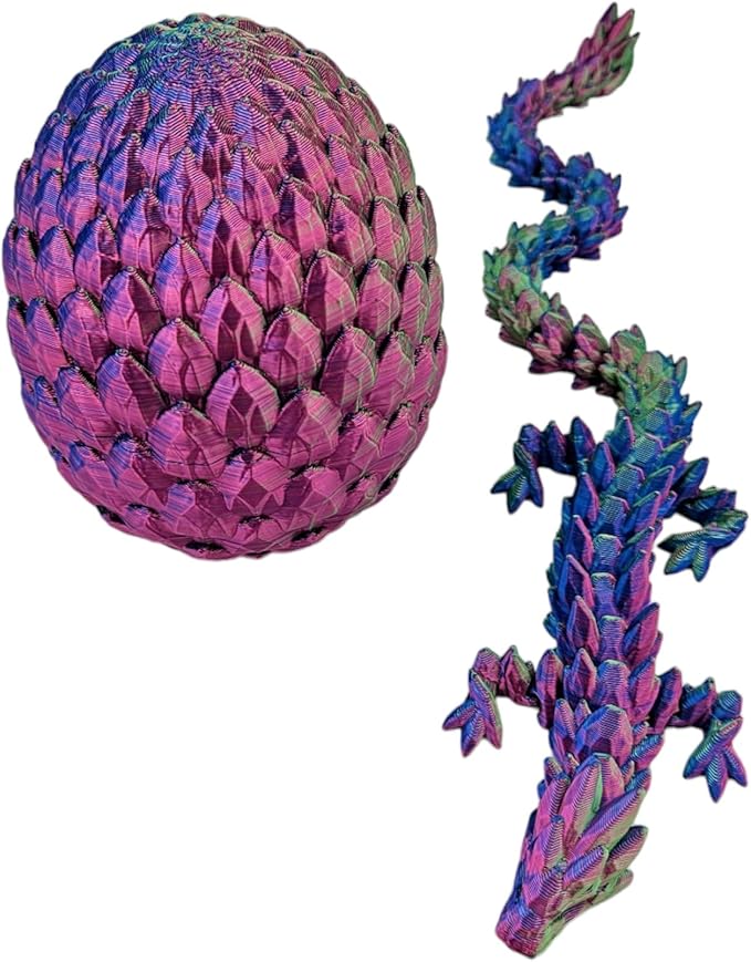 3D Printed Dragon Egg Articulating Gemstone Dragon Fidget Figurine - Vibrant Color Dragons Flexible ADHD, Autism and Anxiety Relief - Articulated Joints (Blue Green Purple)