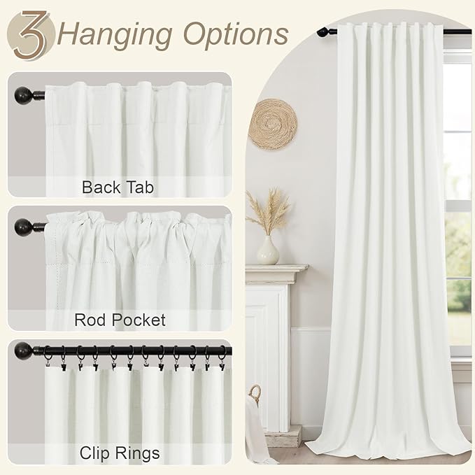 102 Inch Blackout Curtains 2 Panel Set Length Modern Decorative Dark Out Curtain for Bedroom Heat Cold Blocking Window Thermal Insulating Ceiling Drape for Living Room 102 Inches Long Ivory Off White