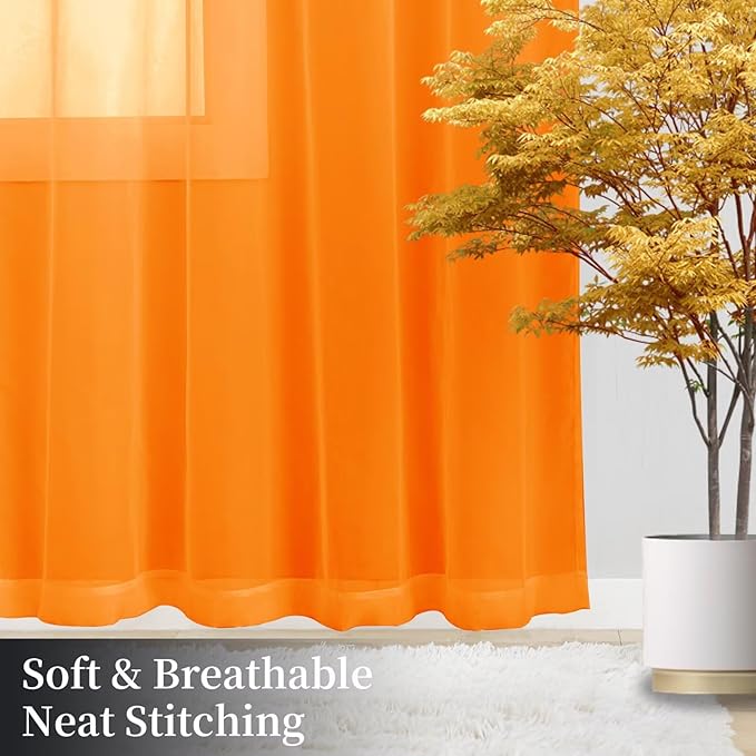 Sheer Curtains 72 Inches Long 2 Panels, Rod Pocket Short Curtain for Kitchen, Bedroom, Cafe Window(Orange 38" W x 72" L)