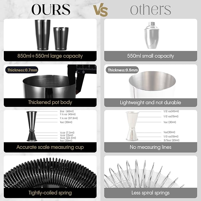 YXT & BEYOND Black Cocktail Shaker Set - 12-Piece Stainless Steel 30oz+20oz Bartender Kit Bar Tools Set: Boston Shaker, Jigger, Mixer Spoon, Muddler, Martini Barware Mixing Tools | Housewarming Gift