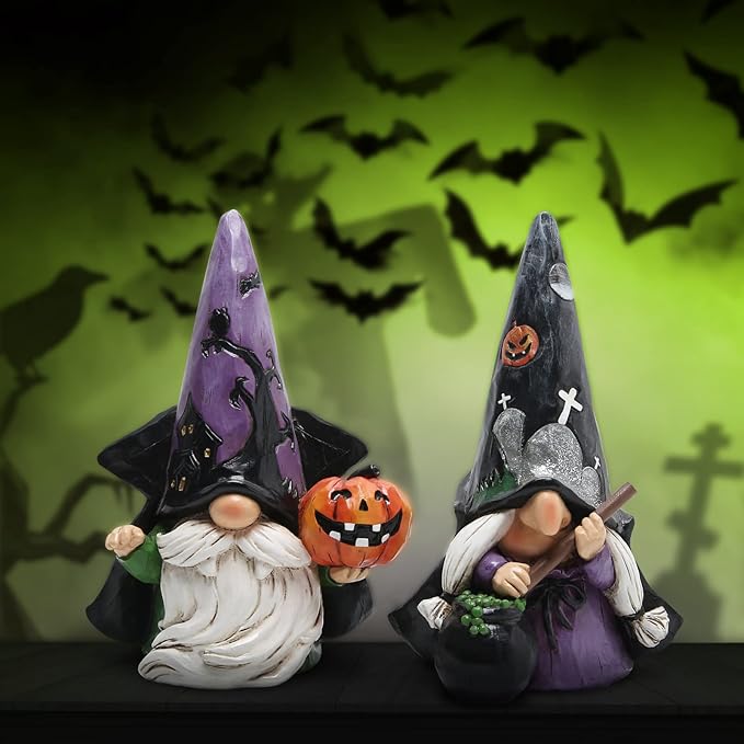 Hodao 2pcs Halloween Gnomes Decorations Handmade Scandinavian Gnome Ornaments Halloween Witch Firgurines Decor Pumpkin Home Table Decorations Gifts (Black)