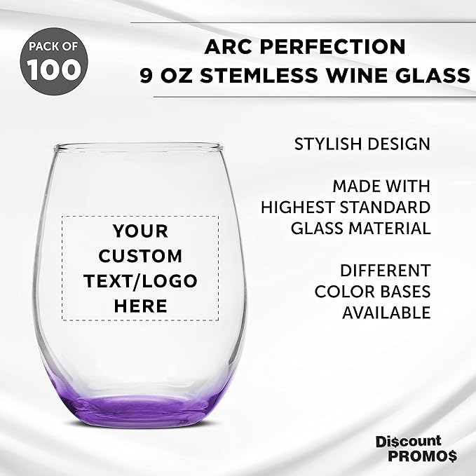 Custom Stemless Wine Glass 9 oz. Set of 100, Personalized Bulk Pack - Great for Wedding Favors, Bachelorette Party Decorations, Party Favors, Color Bottom - Purple