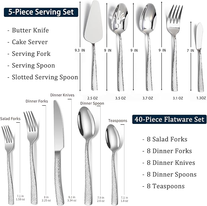 45-Piece Silverware Set with Serving Utensils Set, Silver Hammered Stainless Steel Flatware for 8, Food-Grade Tableware, Including Fork, Knife, Spoon Set, Home Kitchen Cutlery, Dishwasher Safe