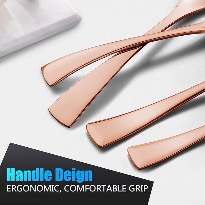 Lemeya 24-Piece Rose Gold Silverware Set with Steak Knives,Forged 18/10 Stainless Steel Cutlery Set for 4,Modern Heavy Duty Flatware Utensils Set,Forks Spoons and Knives Set,Dishwasher Safe