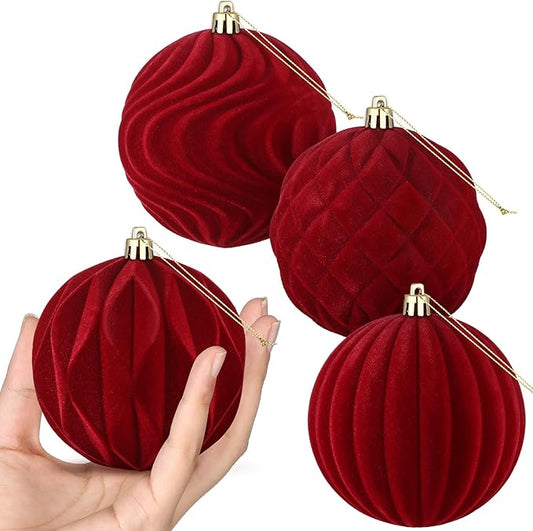 4 Pcs 4 Inch Large Velvet Christmas Ball Ornaments Vintage Christmas Plastic Ball Ornaments Flocked Tree Hanging Decoration for Xmas Party Wedding Home Decor(Wine Red)