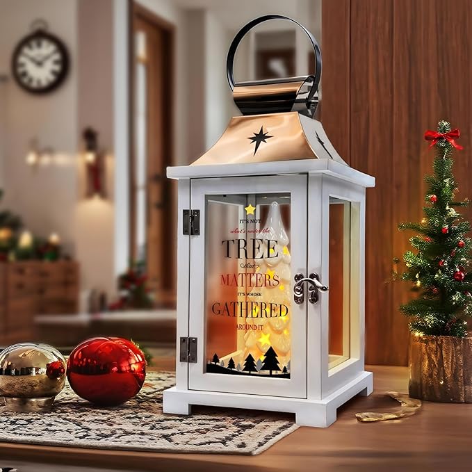 Christmas Candle Lanterns Decorative Indoor- Hanging Candle Lantern with Ceramic Christmas Tree that Light up for Modern Farmhouse Decor, Christmas Lantern for Xmas Table Centerpieces, Home Décor