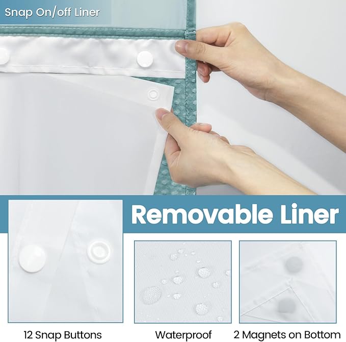 Teal Long No Hook Shower Curtain with Snap in Liner,230GSM Waffle Weave Shower Curtains for Bathroom,71W x 86H