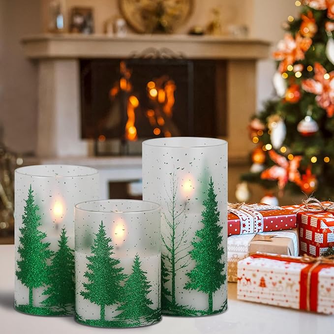 DRomance Christmas Tree Glass Flameless Candles with Remote Timer Battery Operated Real Wax 3D Wick LED Flickering Pillar Candles Christmas Holiday Decor(Green, 3 x 4,5,6 Inch)