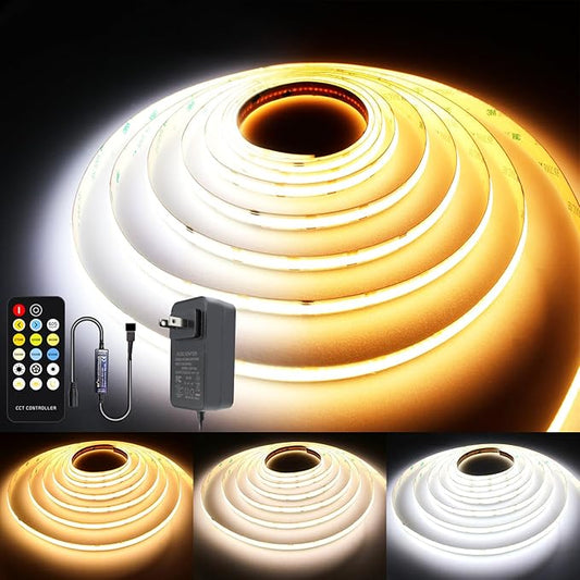 CCT COB LED Strip Lights, 6.56ft Dimmable 2700K-6500K 24V Tunable White LED Light Strip Kit, High Density CRI 90+ LED Strips with Remote Controller and Power Supply, for Bedroom Kitchen Home Lighting