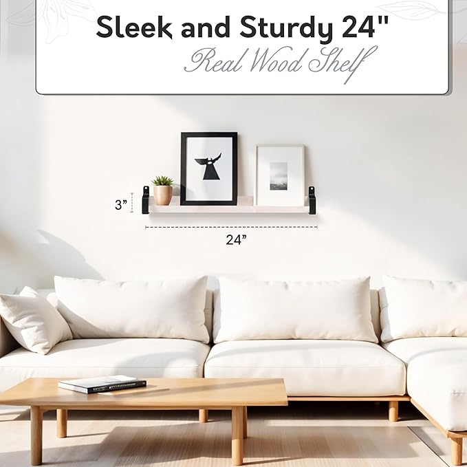 InPlace Wall Mounted Floating Shelf, Real Wood Industrial Bracket Ledge, 5" D x 24" W x 3" H, Distressed White, Heavy-Duty for Living Room, Bathroom, Kitchen, Office 9602114E