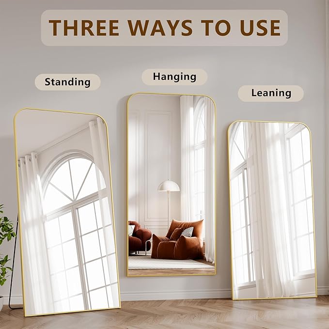 Koonmi Full Length Mirror, 80"x36" Mirror Full Length with Stand, Gold Domed Top Square-Edged Floor Mirror with Aluminum Alloy Frame for Bedroom Living Room
