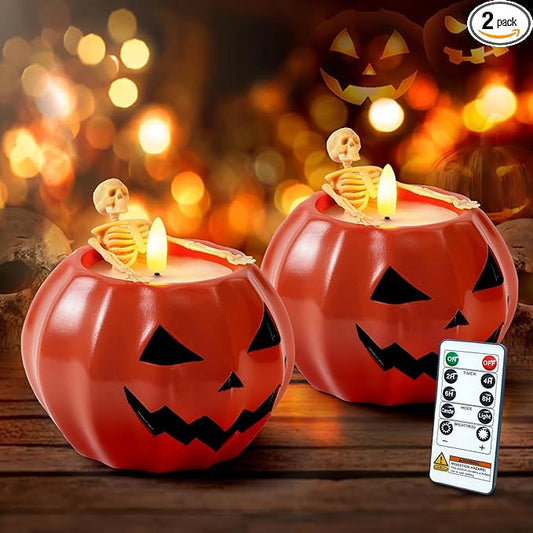 Homemory Halloween Flameless Pumpkin Candles, 2Pcs LED Real Wax Pumpkin Lamp with Skeleton, Flickering Battery Operated Candles with Remote for Halloween Decor, Theme Party, Holiday Gift, Orange