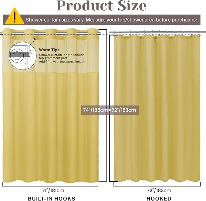 No Hook Slub Textured Shower Curtain with Snap in Liner - Yellow Fabric Outer Curtain & Waterproof Inner Liner, Hotel Style with See Through Top Window, 71x74 in