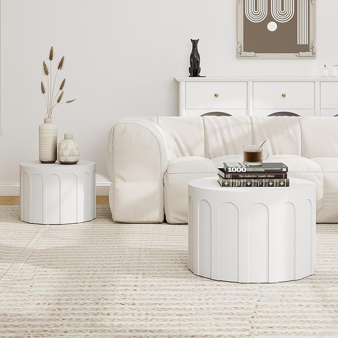 Nesting Coffee Table Set of 2, Modern Coffee Tables, Space-Saving Round Circle Coffee Tables, Side End Table for Living Room, Bedroom, Balcony, Office, White
