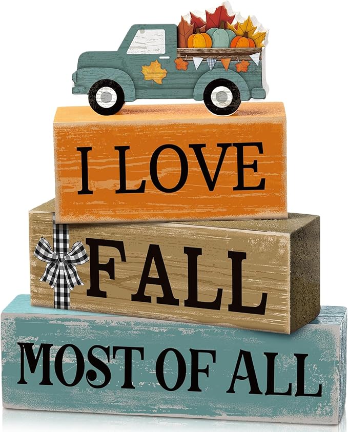 4 Pcs Fall Decoration for Home Fall Truck Decor Autumn Tiered Tray Decor Rustic Wooden Truck Block Sign Gift Thanksgiving Centerpiece Autumn Table Decorations for Harvest Party Kitchen Home