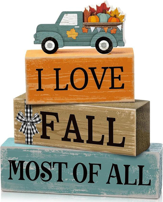 4 Pcs Fall Decoration for Home Fall Truck Decor Autumn Tiered Tray Decor Rustic Wooden Truck Block Sign Gift Thanksgiving Centerpiece Autumn Table Decorations for Harvest Party Kitchen Home