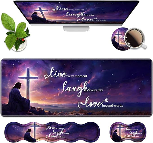 4 in 1 Ergonomic Memory Foam Mouse Pad Wrist Rest Set, Large Gaming Desk Pad + Keyboard Wrist Rest + Mouse Wrist Cushion + Coaster for Home Office Study Gaming, Christian Cross Quote Live Laugh Love