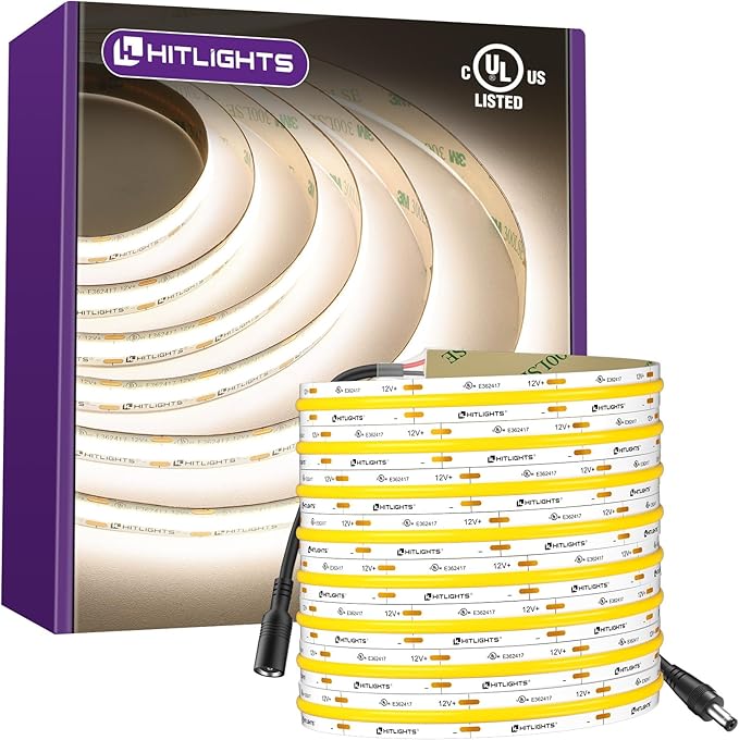 HitLights White COB LED Strip Lights 4000K, 12V Tape Light 16.4ft, 2640 LEDs, 426 lm/ft, CRI 90+, IP30, Premium High Density Lighting for Kitchen, Cabinets, Room, UL Listed(Power Source Not Included)