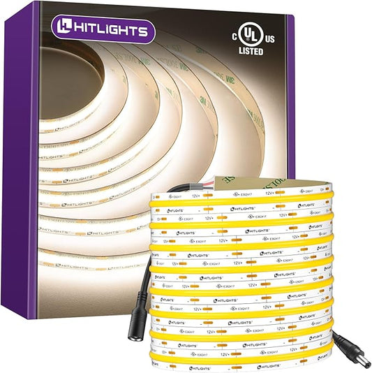 HitLights White COB LED Strip Lights 4000K, 12V Tape Light 16.4ft, 2640 LEDs, 426 lm/ft, CRI 90+, IP30, Premium High Density Lighting for Kitchen, Cabinets, Room, UL Listed(Power Source Not Included)