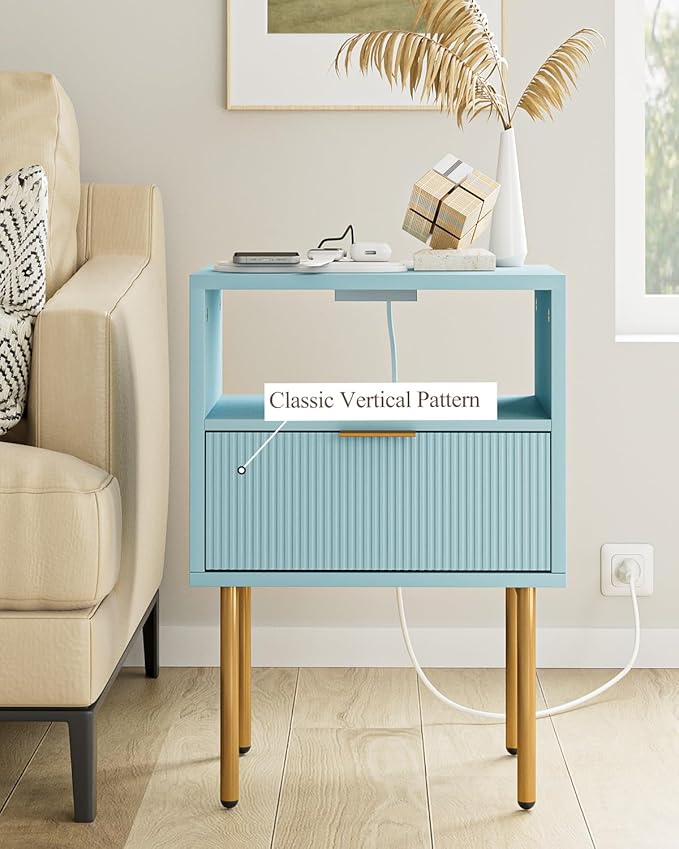 Masupu Nightstand with Charging Station,Mid-Century Modern Bedside Table with Storage Drawer and Open Wood Shelf,Small Gold Frame Side Table for Bedroom,Living Room (Blue)