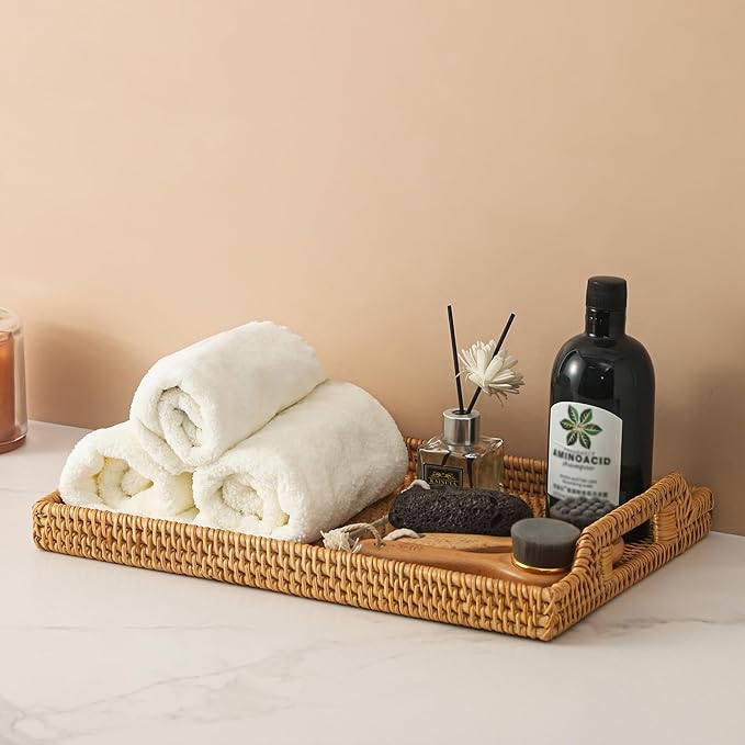 14.5'' Rattan Serving Tray Rectangle with Handles, Vintage Wicker Tray for Decor, Boho Seagrass Coffee Table Basket, Hand Woven Decorative Table Tray for Kitchen, Breakfast, Bathroom, Outdoor