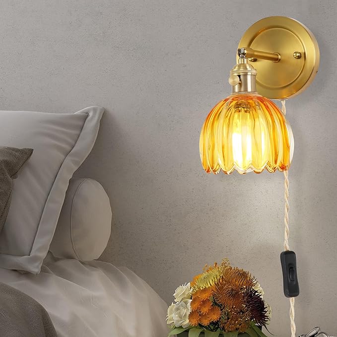 Plug in Vintage Wall Sconces Set of Two, 180 Degree Adjustable Brass Vanity Lights Fixture with Amber Tulip Glass Lampshade, Modern Wall Lighting for Bedside Bedroom Bathroom