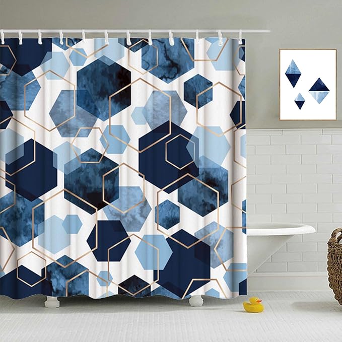 Navy Blue Geometric Shower Curtain Modern Abstract Art Blue Grid Shower Curtains for Bathroom Waterproof Polyester Fabric Bath Curtain 72 x 72 Inch with 12 Hooks