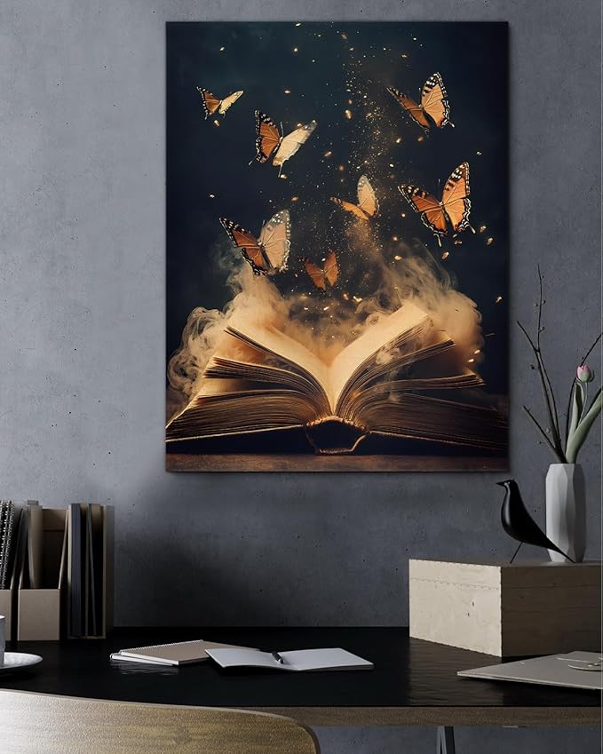 Aesthetic Book Butterflies Wall Art Decor Vintage Dark Academia Canvas Print Poster Framed Picture Painting for Home Reading Corner Library Decor 11x15 Inch, Gifts for Book Lovers Bookworms