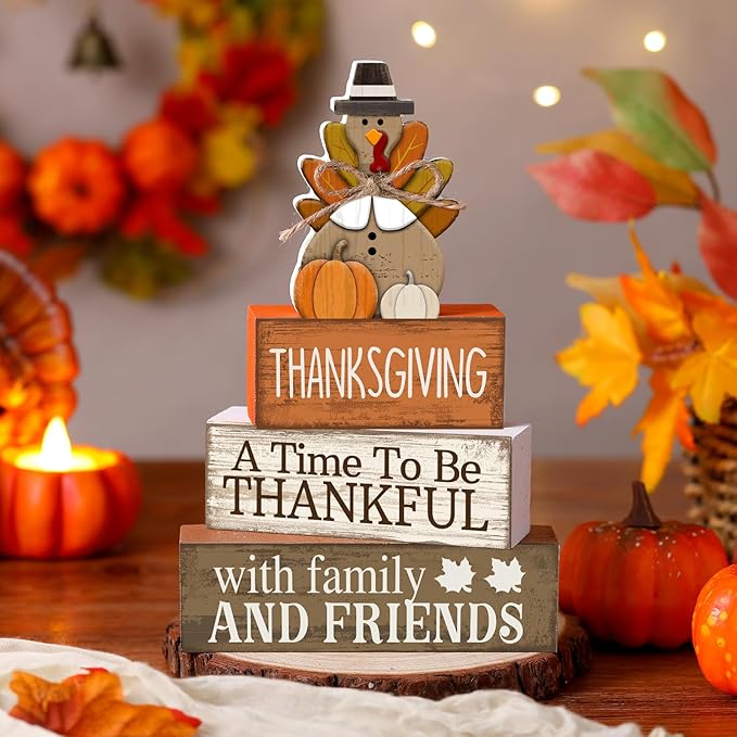 4 Pcs Fall Decoration for Home Thanksgiving Table Decoration Wooden Turkey Fall Tiered Tray Decor Thanksgiving Centerpiece Rustic Decorative Turkey Block Signs Gift Decor for Home Kitchen